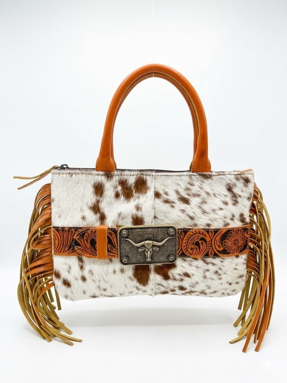 Cowhide Fringe Satchel with Tooled Leather Interchangeable Belt Detail NWT